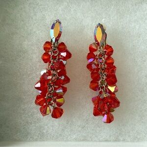 Vintage 60s Lewis Segal CA Orange Crystal Dangle Cluster Clip-On Earrings